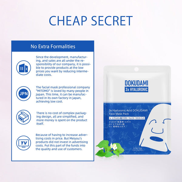 NEW! Popular in JAPAN 3x Hyaluronic Acid + DOKUDAMI Facial Mask Pack [DD001-B-027]