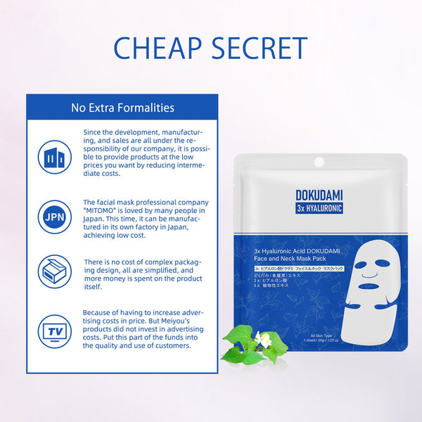NEW! Popular in JAPAN 3x Hyaluronic Acid DOKUDAMI Face and Neck Mask Pack [DD001-B-035]